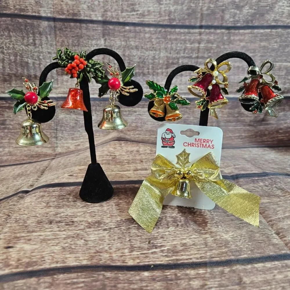 Lot of 7 Vintage Christmas Bell Brooches Enamel Colored Gold Tone Unsigned.